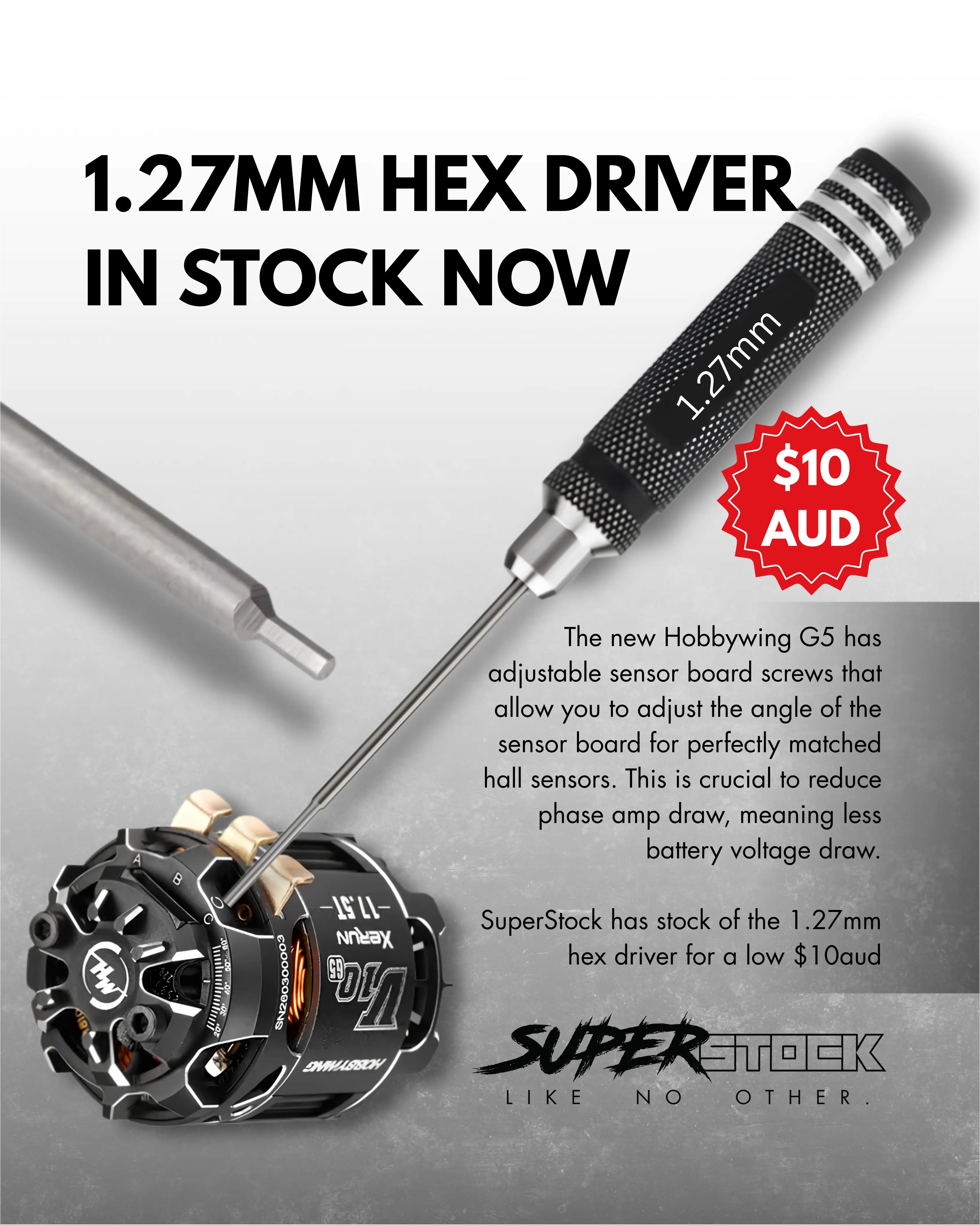 1.27mm hex driver with screwdriver and electronic component on a gray background, featuring SuperStock branding.