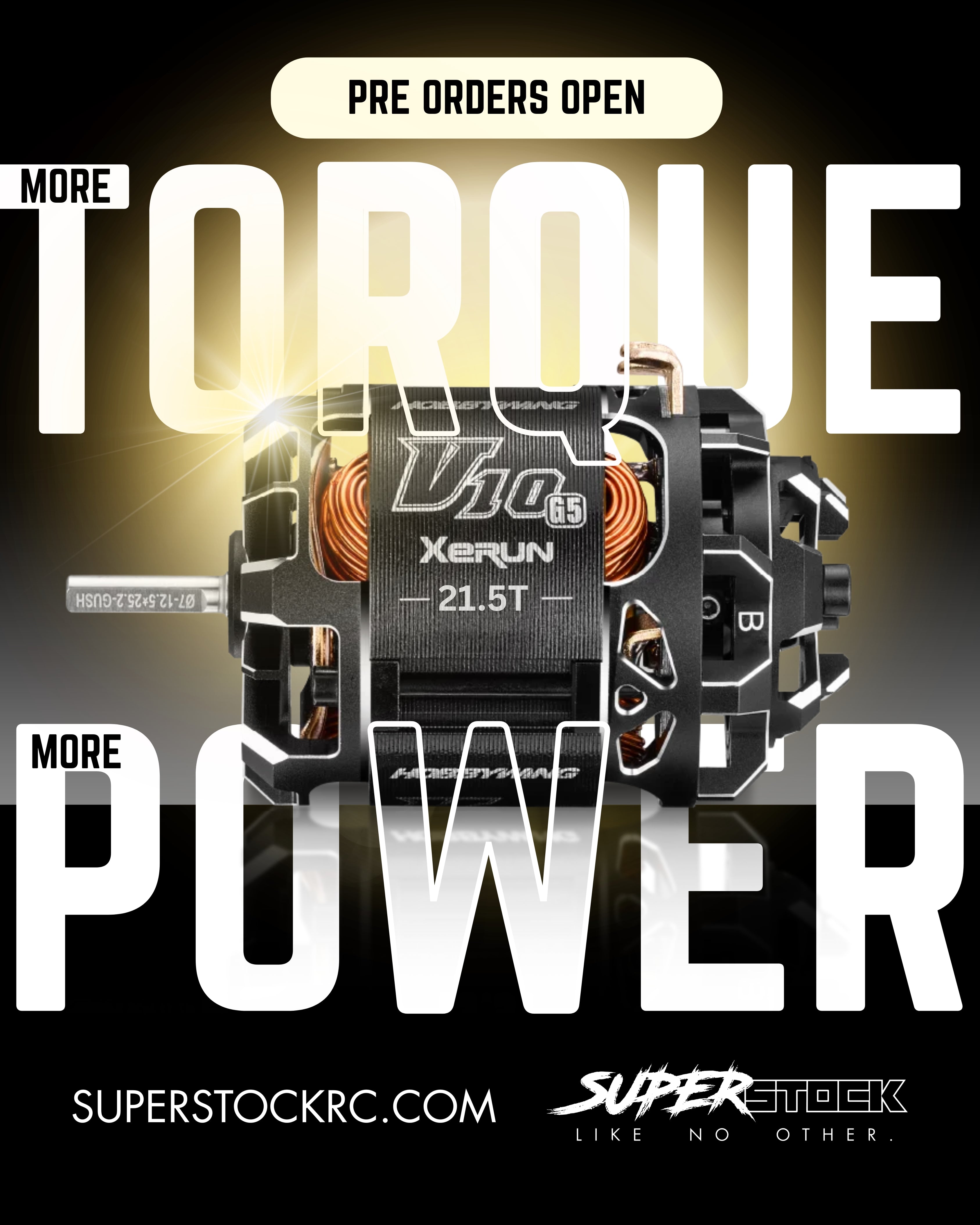 Promotional image of a V10 XERUN electronic component with text about pre-orders and torque power.